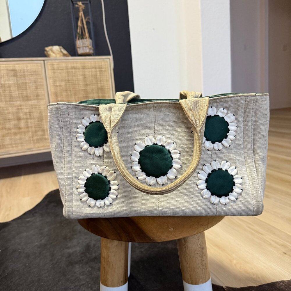 Prada Beige and Green Canapa Canvas and Satin Flower Tote Bag - Picture 7 of 12